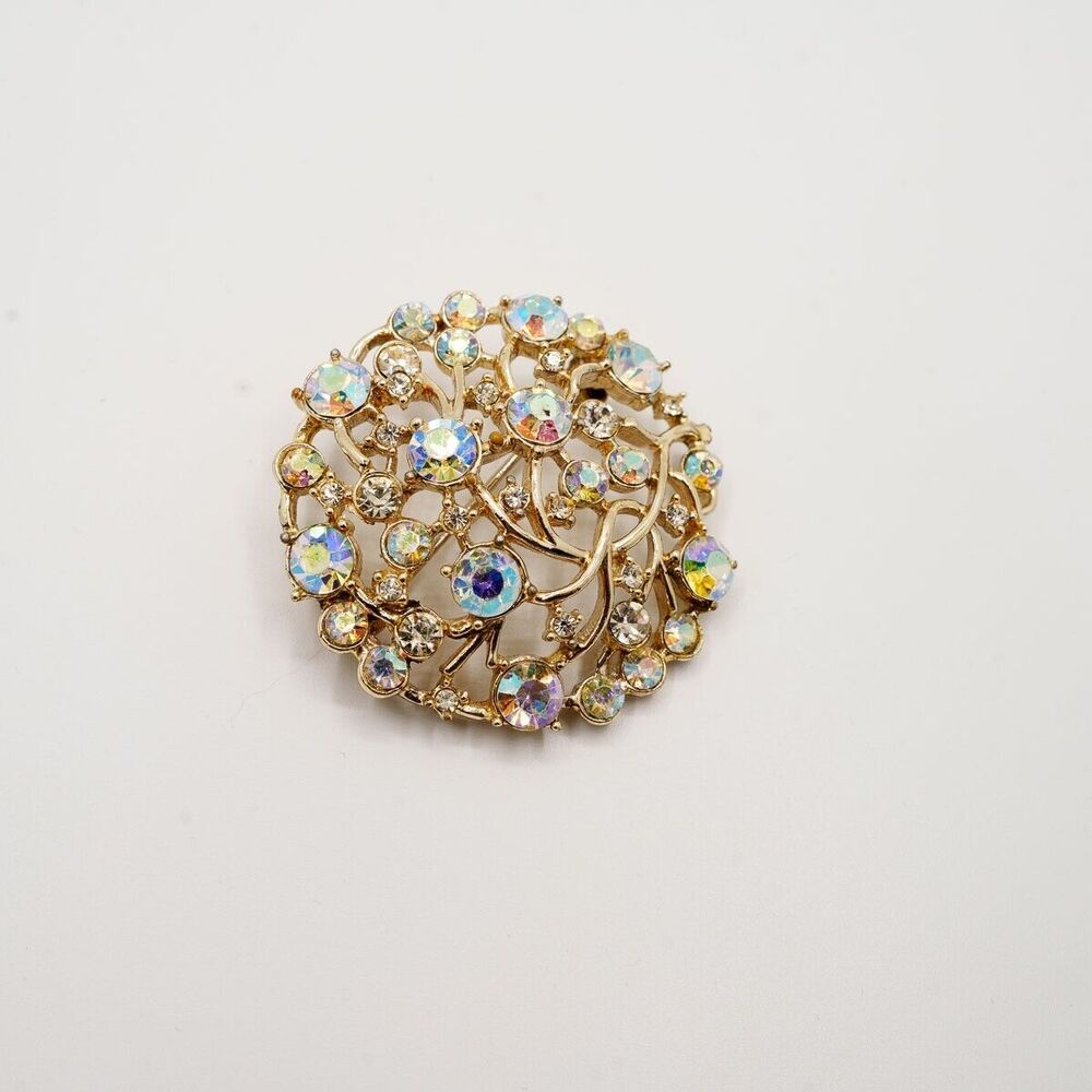 Round rhinestone AB brooch Pin gold tone Vintage Estate